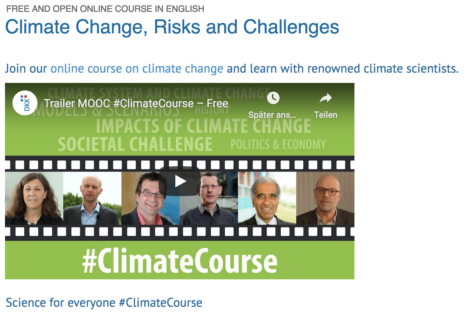 Screenshot des YouTube Videos zu Clidmate Change, Risks and Challenges
