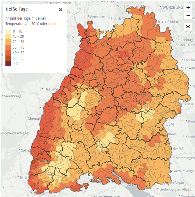 Im Klimaportal lassen sich die Veränderungen verschiedener Klimaparameter bis in die ferne Zukunft nachvollziehen. Die Karte zeigt, wie viele heißte Tage es in Baden-Württemberg geben wird.