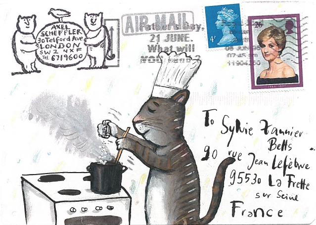 Das Bild zeigt eine lustige Zeichnung als Briefumschlag mit einem Foto von Diana und einer kcohenden Maus.