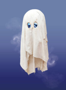 Das Bild zeigt einen Geist mit weißem Leintuch. Der Hintergrund ist blau. Es sind nur die Augen zu sehen. 
Titel: Fantasmino
Künstler:in & Beteiligte: Tony Oursler
Entstehungszeit: 2017
Material / Technik: Acrylic resin on canvas and digital hardware with moving image
Masse: 46.99 x 21.59 x 17.78 cm
Objekt-ID: 98182
Creditline: Collection of Tony Oursler